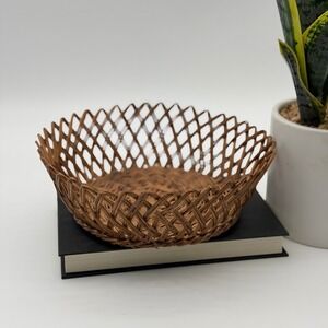 Vintage Hand Woven Wicker Lattice Bowl Brown Round Decorative Basket 9"